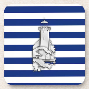 Chrome Like Lighthouse on Nautical Stripes Coaster