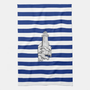 Chrome Like Lighthouse on Nautical Stripes Kitchen Towel