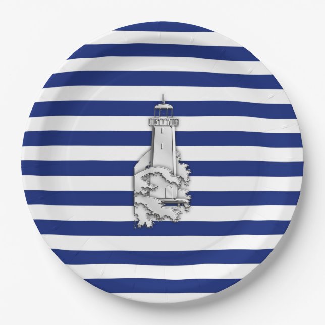 Chrome Like Lighthouse on Nautical Stripes Paper Plate (Front)