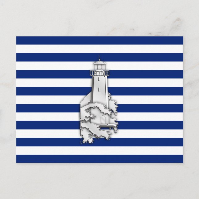 Chrome Like Lighthouse on Nautical Stripes Postcard (Front)