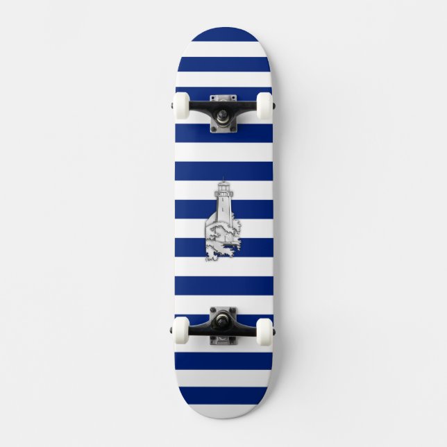 Chrome Like Lighthouse on Nautical Stripes Skateboard (Front)