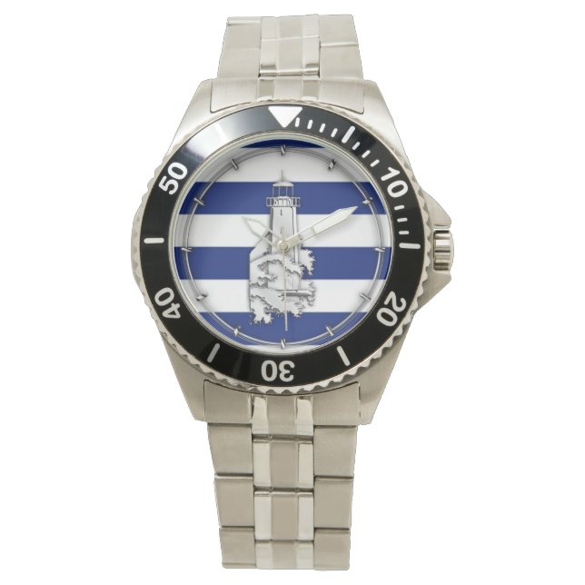 Chrome Like Lighthouse on Nautical Stripes Watch (Front)