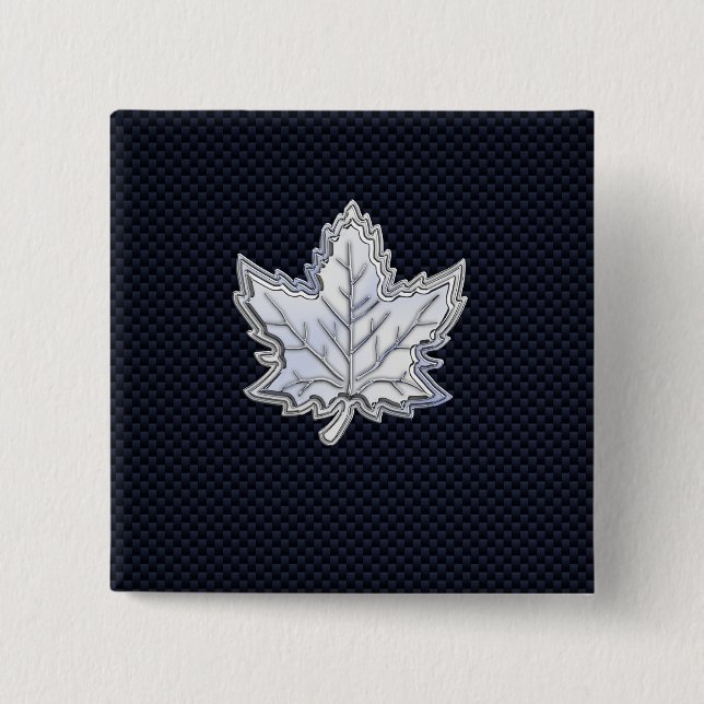 Chrome Like Maple Leaf on Carbon Fibre black 2 Inch Square Button (Front)