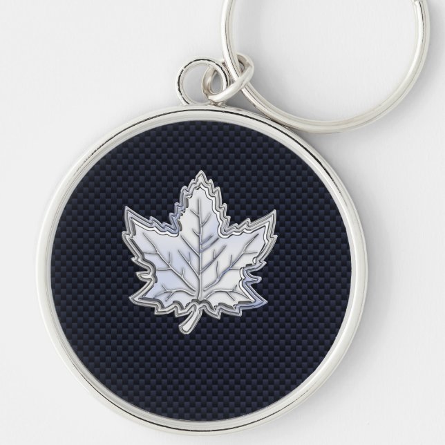 Chrome Like Maple Leaf on Carbon Fibre black Keychain (Front)