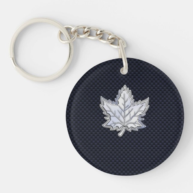 Chrome Like Maple Leaf on Carbon Fibre black Keychain (Front)