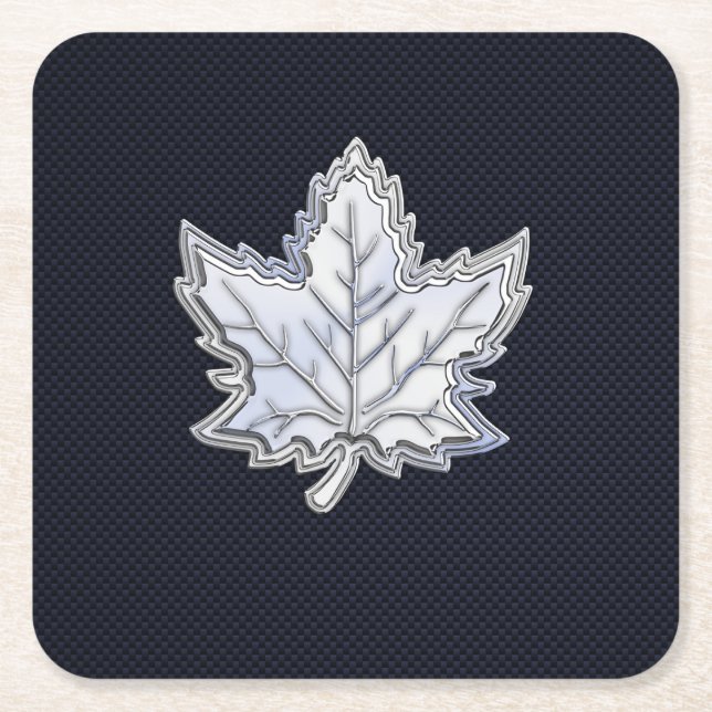 Chrome Like Maple Leaf on Carbon Fibre Print Square Paper Coaster (Front)