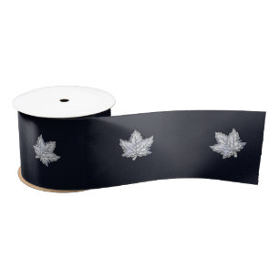 Chrome Like Maple Leaf on racy Carbon Fiber Print Satin Ribbon