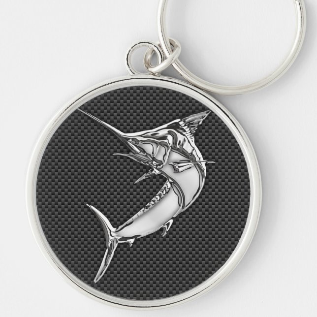 Chrome Like Marlin on Carbon Fibre Keychain (Front)