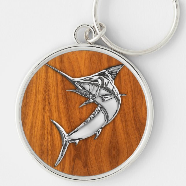 Chrome Like Marlin on Teak Wood Grain Decor Keychain (Front)
