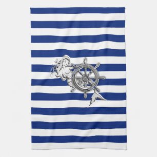 Chrome Like Mermaid on Nautical Stripes Kitchen Towel
