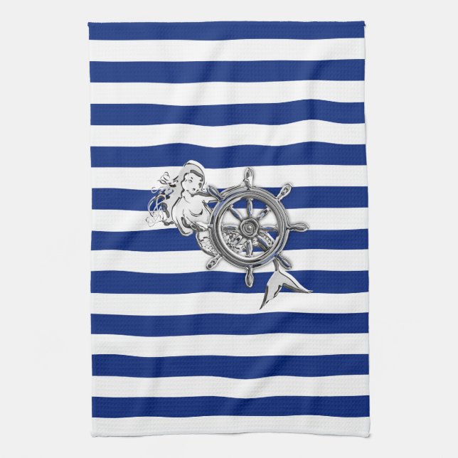Chrome Like Mermaid on Nautical Stripes Kitchen Towel (Vertical)
