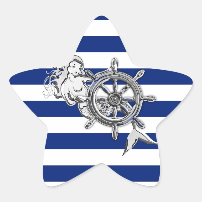 Chrome Like Mermaid on Nautical Stripes Star Sticker (Front)