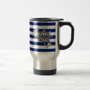 Chrome Like Mermaid on Nautical Stripes Travel Mug