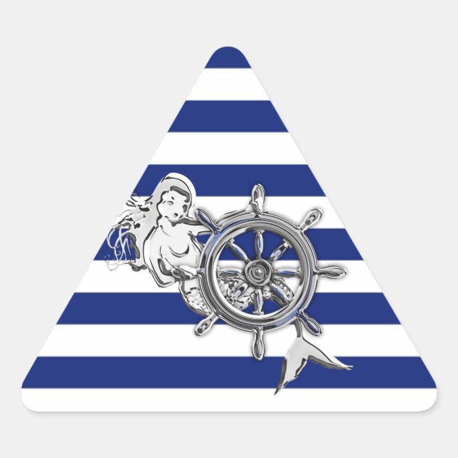Chrome Like Mermaid on Nautical Stripes Triangle Sticker (Front)