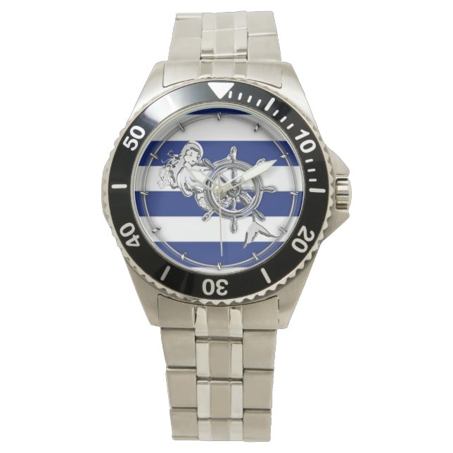 Chrome Like Mermaid on Nautical Stripes Watch (Front)