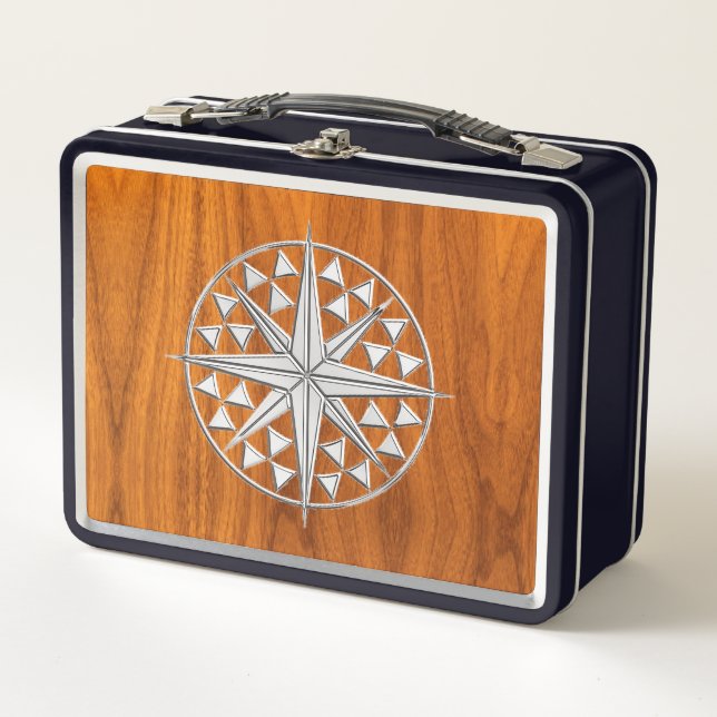Chrome Like Nautical Compass on Teak Veneer Decor Metal Lunch Box (Front)