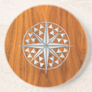 Chrome Like Nautical Compass Star on Teak Veneer Coaster