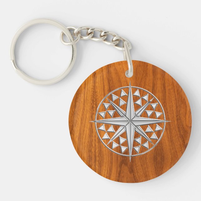 Chrome Like Nautical Compass Star on Teak Veneer Keychain (Front)