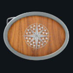 Chrome Like Nautical Compass Star on Teak Veneer Oval Belt Buckle<br><div class="desc">A silver chrome like nautical compass star applique design on a teak wood grain style background decor. A racy modern nautical gift. 
 




 
Use the "Ask this Designer" link to contact us with your special design requests or for some assistance with any of your customization needs.</div>