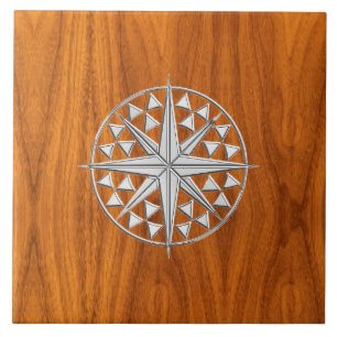 Chrome Like Nautical Compass Star on Teak Veneer Tile