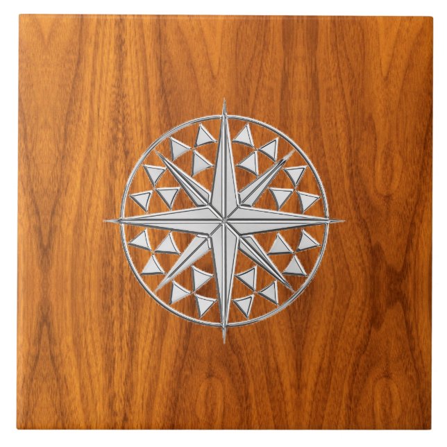 Chrome Like Nautical Compass Star on Teak Veneer Tile (Front)