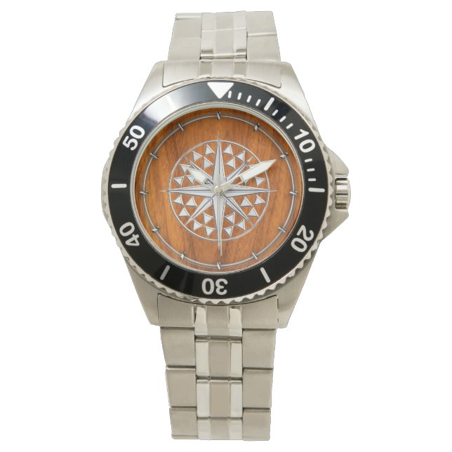 Chrome Like Nautical Compass Star on Teak Veneer Watch (Front)