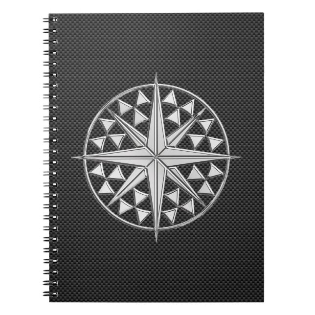 Chrome Like Nautical Star Compass on Carbon Fibre Notebook (Front)