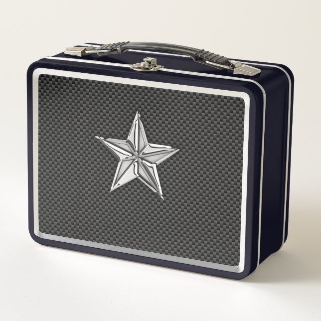 Chrome Like Nautical Star on Carbon Fibre Decor Metal Lunch Box (Front)
