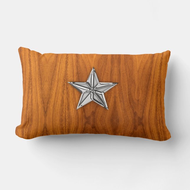 Chrome Like Nautical Star on Teak Veneer Lumbar Pillow (Front)