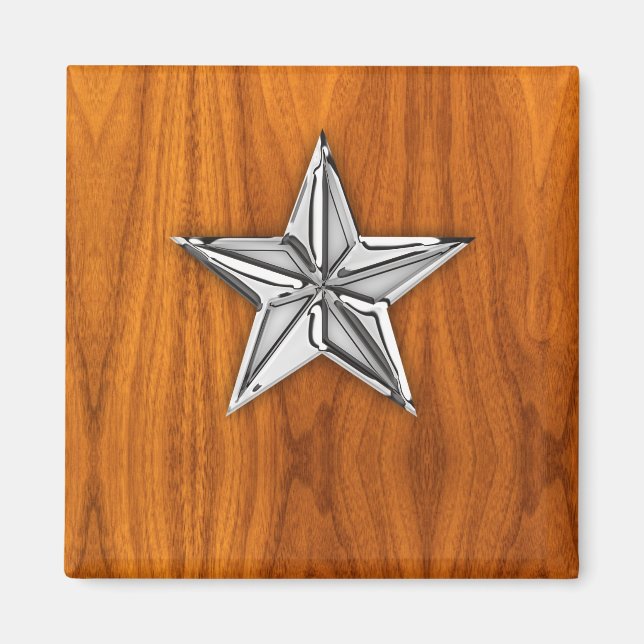 Chrome Like Nautical Star on Teak Veneer Magnet (Front)