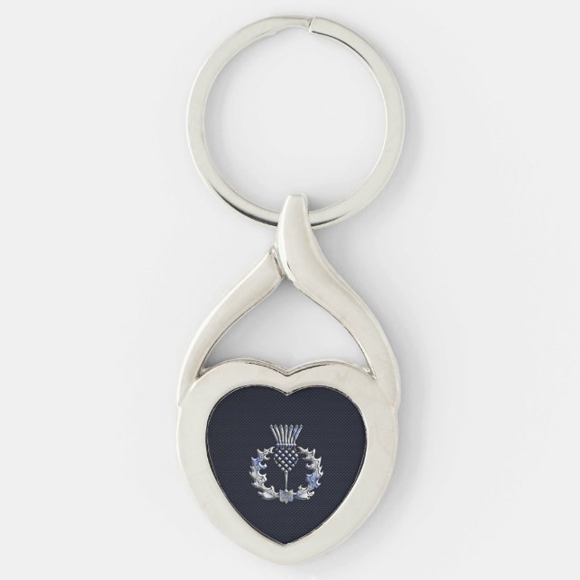 Chrome like on Carbon Fibre Print Scottish Thistle Keychain (Front)