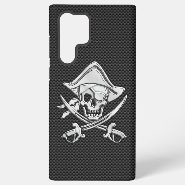 Chrome Like Pirate Crossbones Carbon Fibre Style Samsung Galaxy S22 Ultra Case (Back)