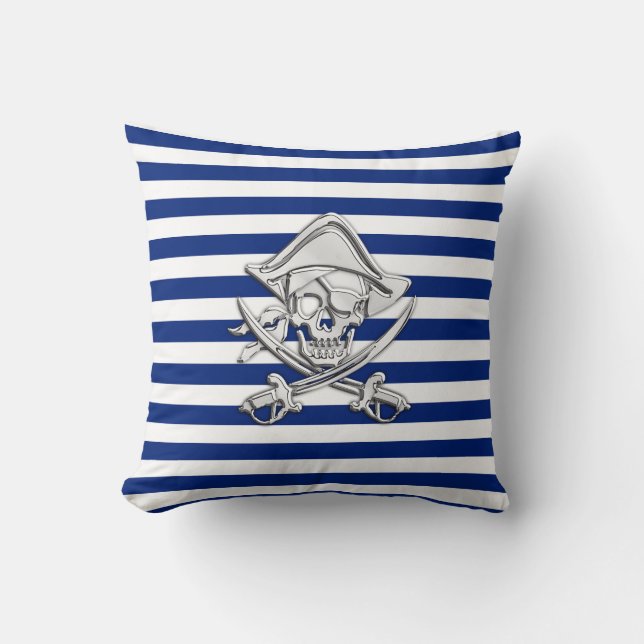 Chrome Like Pirate on Nautical Stripes Throw Pillow (Front)