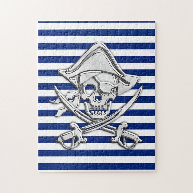 Chrome Like Pirate on Navy Stripes Jigsaw Puzzle (Vertical)