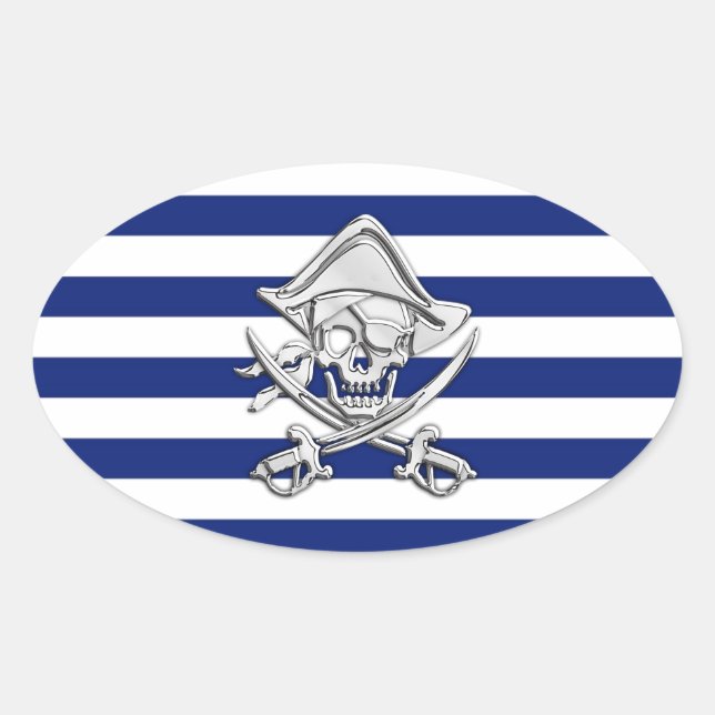 Chrome Like Pirate on Navy Stripes Oval Sticker (Front)
