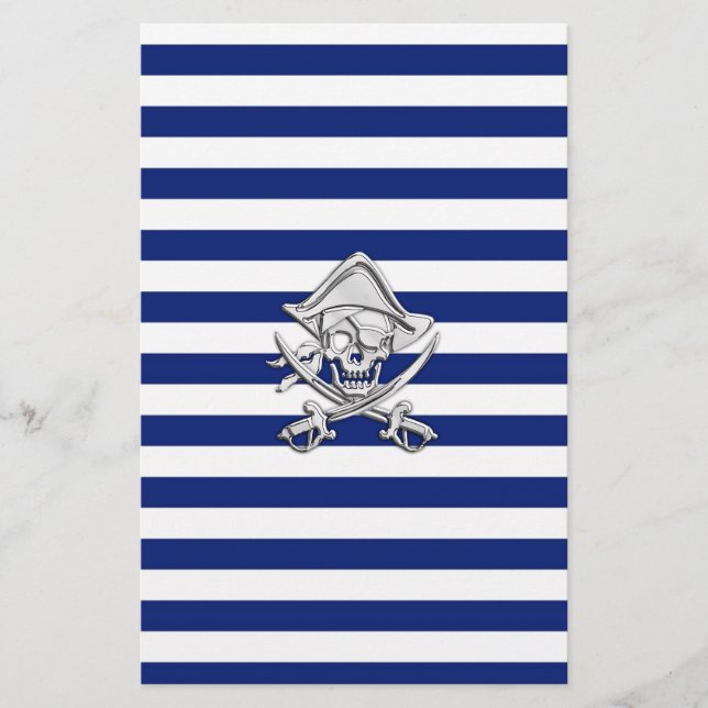 Chrome Like Pirate on Navy Stripes Stationery (Front)