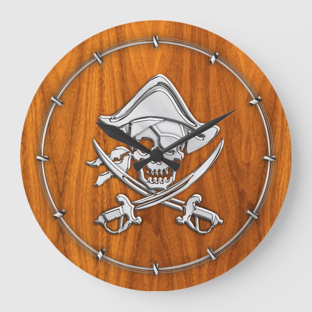 Chrome Like Pirate on Teak Veneer Large Clock (Front)
