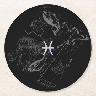Chrome like Pisces Zodiac Sign on Black Hevelius Round Paper Coaster