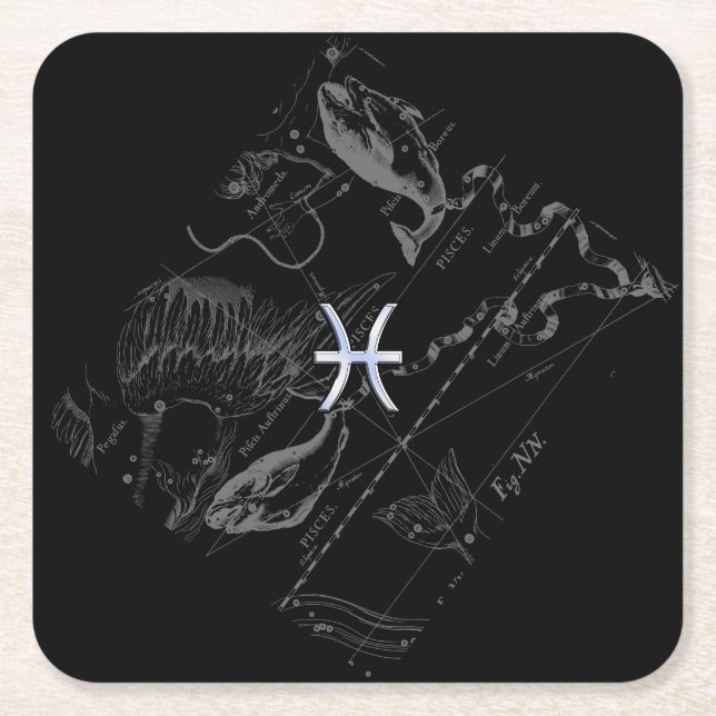 Chrome like Pisces Zodiac Sign on Black Hevelius Square Paper Coaster (Front)