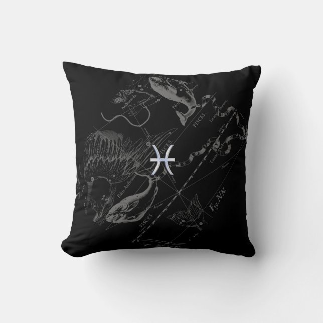 Chrome like Pisces Zodiac Sign on Black Hevelius Throw Pillow (Front)