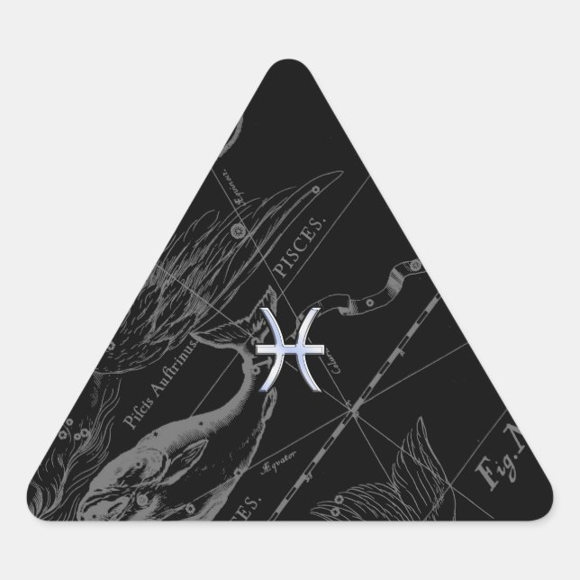 Chrome like Pisces Zodiac Sign on Black Hevelius Triangle Sticker (Front)