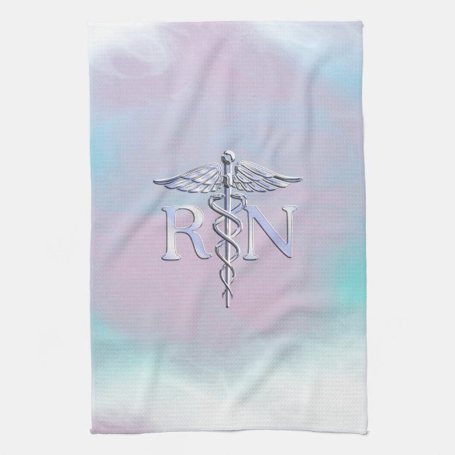 Chrome Like RN Caduceus in Mother Pearl Style Kitchen Towel (Vertical)