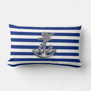 Chrome Like Rope Anchor on Nautical Stripes Lumbar Pillow