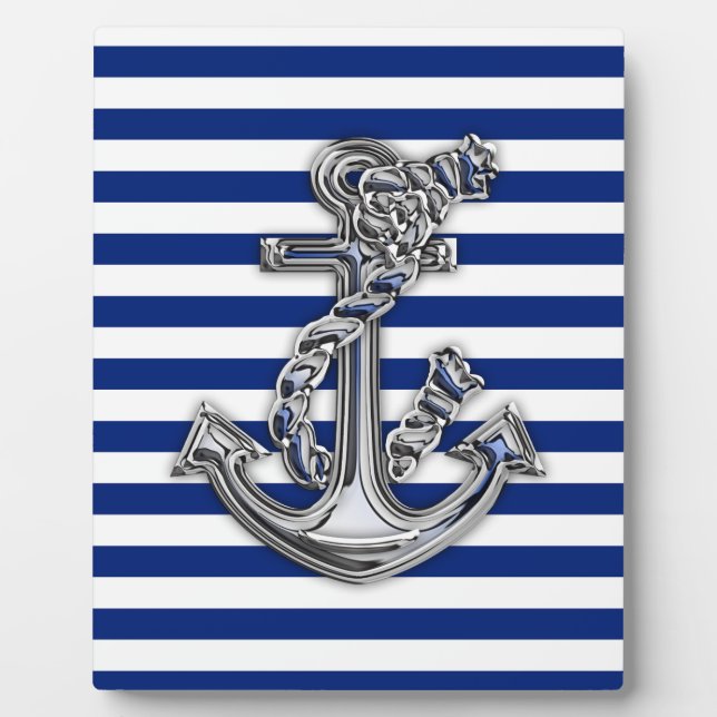 Chrome Like Rope Anchor on Nautical Stripes Plaque (Front)