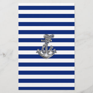 Chrome Like Rope Anchor on Nautical Stripes Stationery