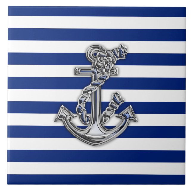 Chrome Like Rope Anchor on Nautical Stripes Tile (Front)