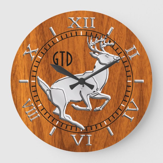 Chrome Like Running Deer Fine Teak Print Monogram Large Clock (Front)