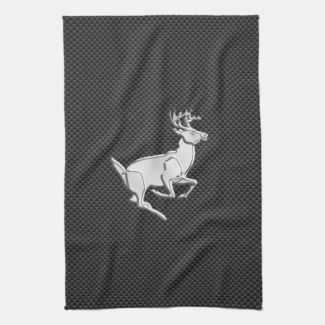 Chrome Like Running Deer on Carbon Fiber Print Kitchen Towel (Vertical)