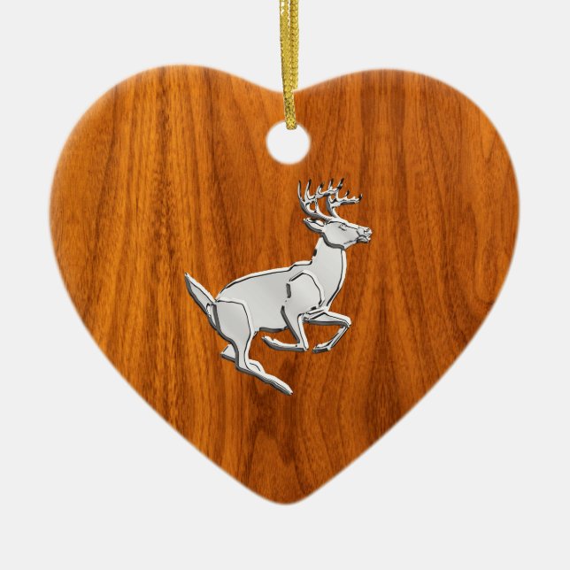 Chrome Like Running Deer on Fine Teak Print Ceramic Ornament (Front)