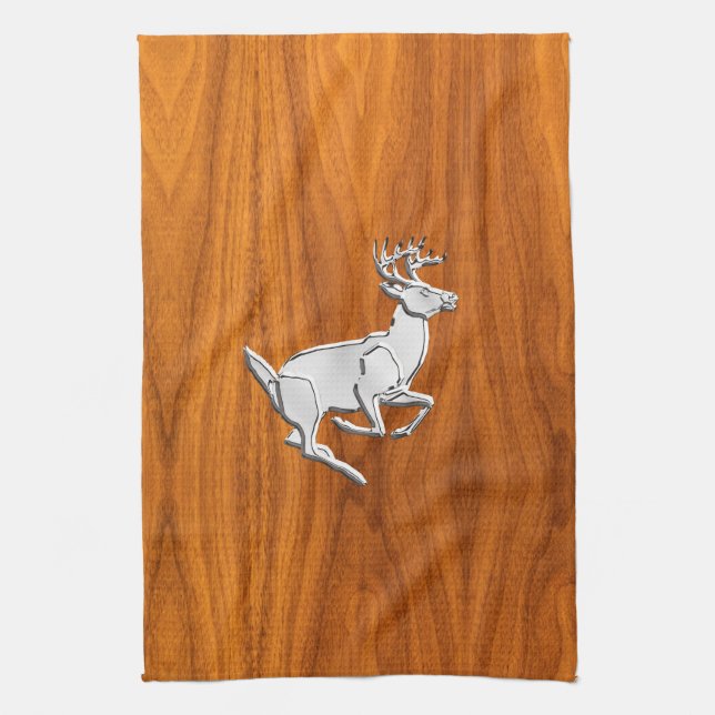 Chrome Like Running Deer on Fine Teak Print Kitchen Towel (Vertical)